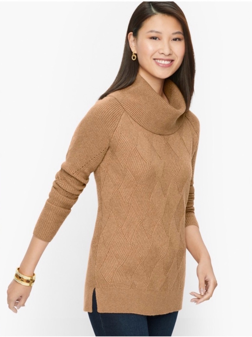 Talbots Camel Cable Cowl-Neck Tunic Sweater